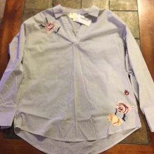 Casual striped/floral embroidered blouse